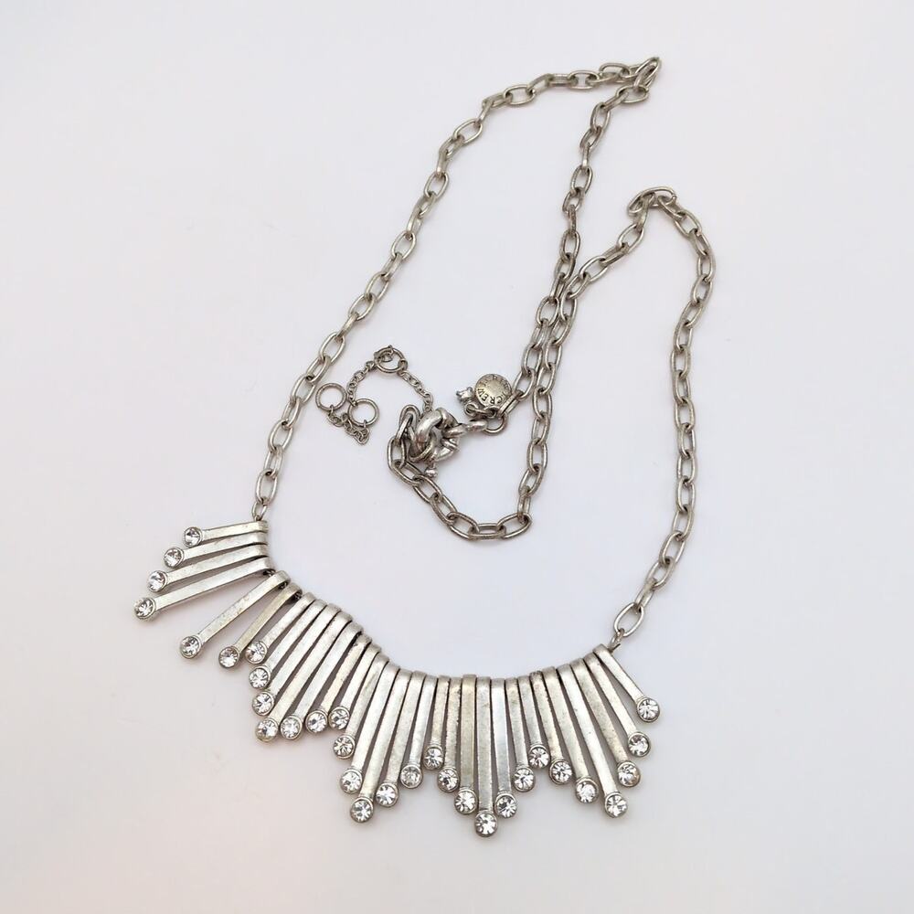 J Crew Silver Tone Rhinestone Fringe Dangle Metal Bars Chain Statement Necklace